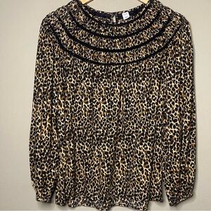 Old Navy Animal Print Blouse Women Large Black Tan Long Sleeve Smocked Office